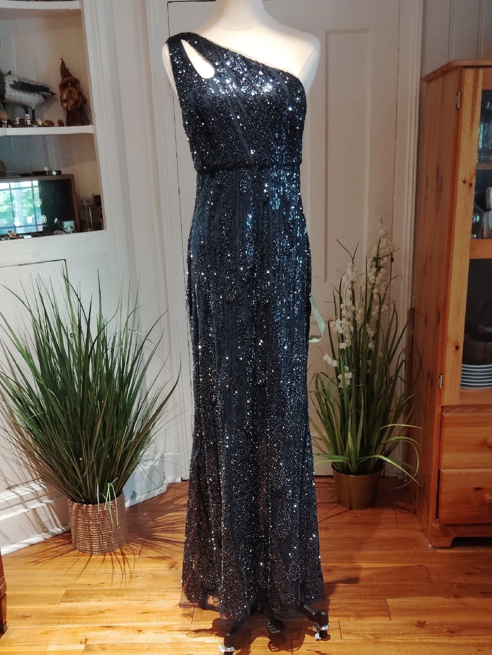 Mackie By Bob Mackie Powermesh One Shoulder Beaded Evening Gown
